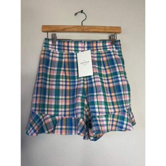 NWT Sezane High Rise Embroidered Cotton Frilled Hem Dorian Shorts Blue Size: 4 - Picture 2 of 8